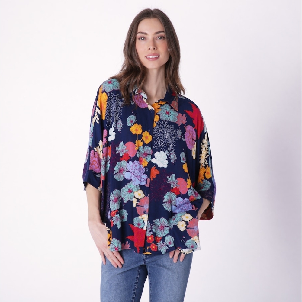 [ORANGE] Naval Floral 100% Viscose Button Down 3/4 Sleeve Collar Women S/M